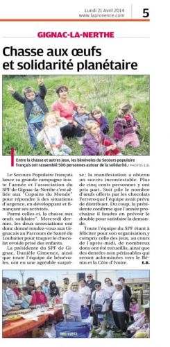 Chasse aux oeufs SPF 16 avril parcours de santé  La Provence 21 avril 2014.png