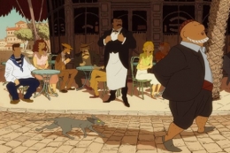 Le rabbin déambule accompagné de son chat devant un restaurant colonial © Autochenille Production - TF1 Droits Audiovisuels - France 3 Cinéma.jpeg
