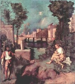 l'orage,la tempête,giorgione,nature,paysage,technique du glacis,jeune femme nue,soldat,enfant,éclair,ouragan