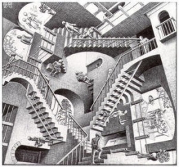 escher,la relativité,estampe,champs de gravitation