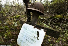 Grave of French soldier Edouard Ivaldi in Champagne. This is the only grave left from WW1 and still has Ivaldi's helmet marking the spot he fell in 1917.jpg