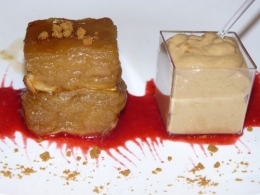 fondant,pomme,crème,tofu soyeux,spéculoos,caramel,café