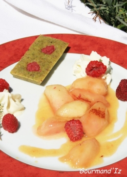 pêches roties, thym, chantilly, verveine, financier pistache
