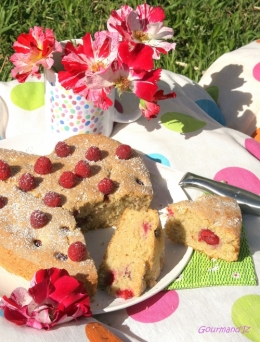 gâteau moelleux, coco, framboises