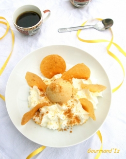 crémeux fromage blanc, glace carame, mousse pétillante, fou de pâtisserie