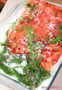 recette de gravlax, saumon gravlax, saumon mariné, baies roses, aneth