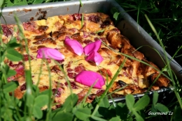 clafoutis, rhubarbe, framboise, rose