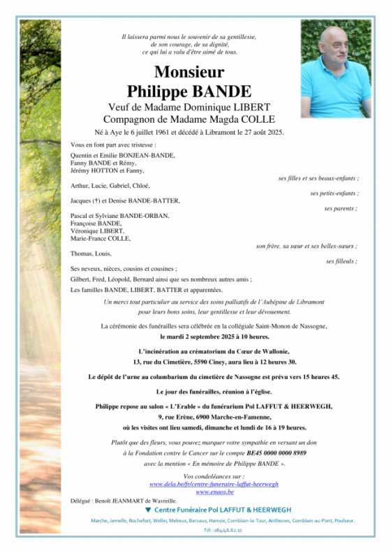 Du00e9cu00e8s de Philippe Bande (64 ans), de Nassogne - Le Blog de Nassogne