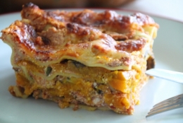 lasagnes, potiron, champignons brun