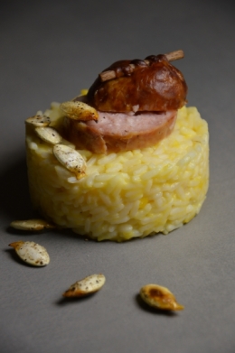 Riz crémeux au potiron aux saucisses de Morteau, riz, potiron, saucisse de Morteau
