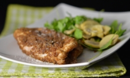 Poulet pané au parmesan et champignons tièdes, poulet, roquette, champignons