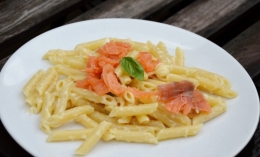 Pâtes saumon-basilic, penne, saumon fumé, basilic