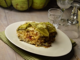 Gâteau de chou farci, chou vert, riz, lard fumé