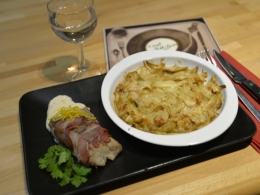 Gratin fenouil- oignon et colin lardé d’Emmanuel Herbaut, chef du Soul Kitchen à Saint-Amand les eaux, le Soul Kitchen, Emmanuel Herbaut, le chef et la cocotte, la cocotte, la voix du nord