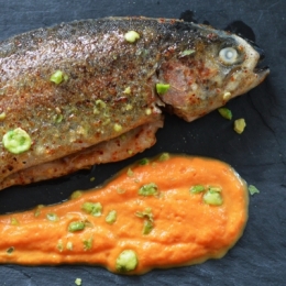 Truites et courge à la poudre de wasabi, truite, courge, pois au wasabi, wasabi