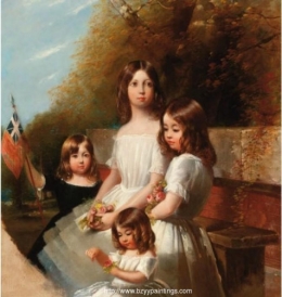 Group portrait of four children in a landscape holding flowers and a flag.jpg