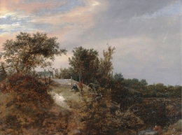 A landscape with two figures on a rise and a stream at right.jpg