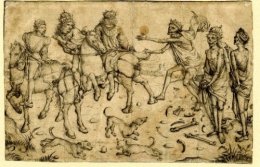 Three living and three dead kings; to the left are three kings on horseback.jpg
