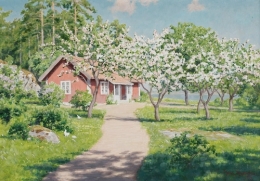 Cottage with flowering fruit trees.jpg